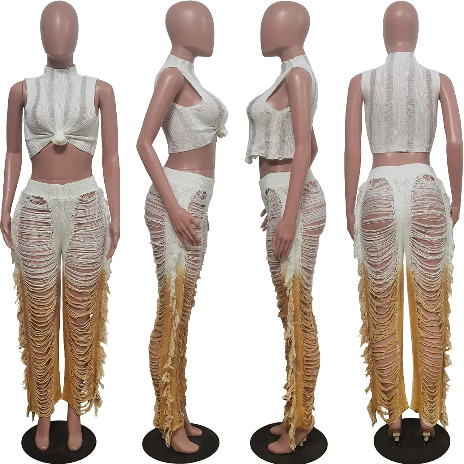 Vaceky Sexy 2 Piece Outfits Women Crochet Bikini Coverups Crop Tank Colorful Fringe Pants Sets