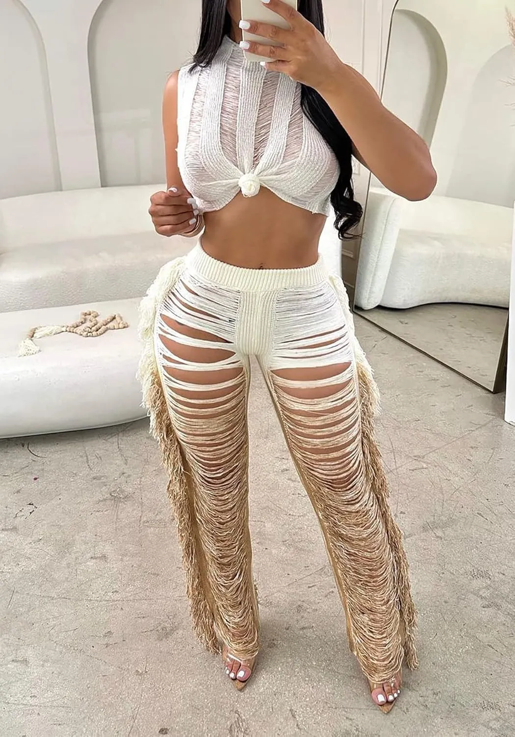 Vaceky Sexy 2 Piece Outfits Women Crochet Bikini Coverups Crop Tank Colorful Fringe Pants Sets