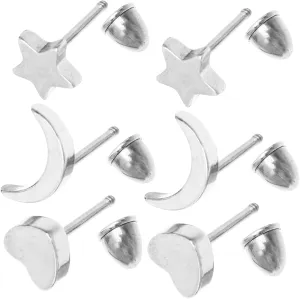 VALICLUD 3 Pairs of Moon Star Heart Stud Earrings Stainless Steel Ear Rings Minimalist Design for Women