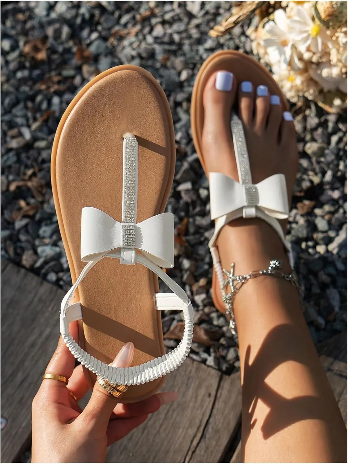 Verdusa Women's Summer Bow Flip Flops Flat Sandals Rhinestone Thong Sandals