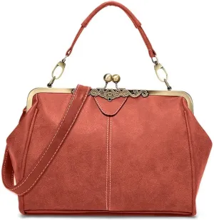 Vintage Women Tote BagsSmall Retro Handbags Kiss Lock Crossbody Bags Purse Frosted Leather Messenger Bag