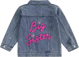 VISGOGO Toddler Baby Girl Jacket Big Lil Sister/Brother Letter Embroidery Jean Long Sleeve Cardigan Button Denim Coat