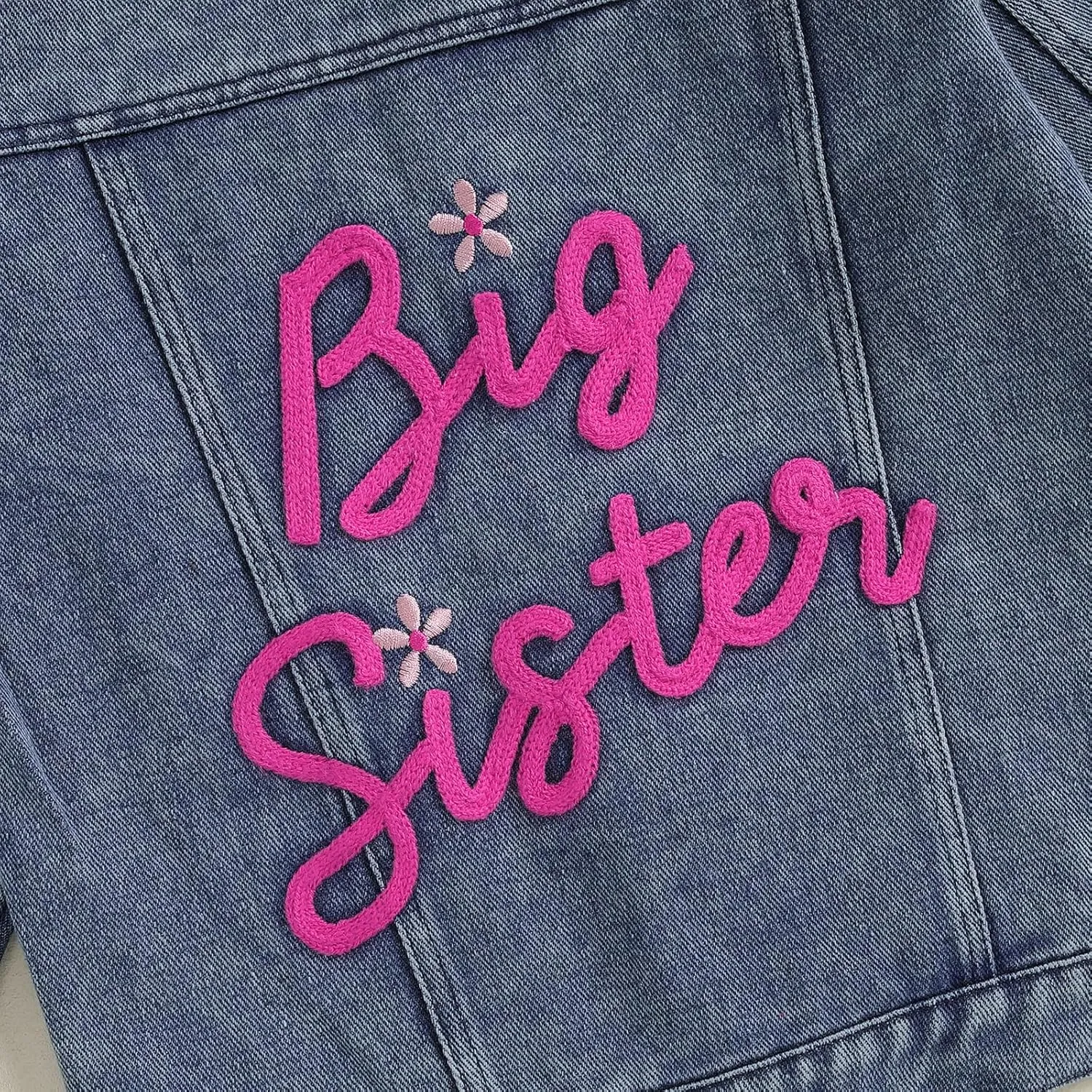 VISGOGO Toddler Baby Girl Jacket Big Lil Sister/Brother Letter Embroidery Jean Long Sleeve Cardigan Button Denim Coat
