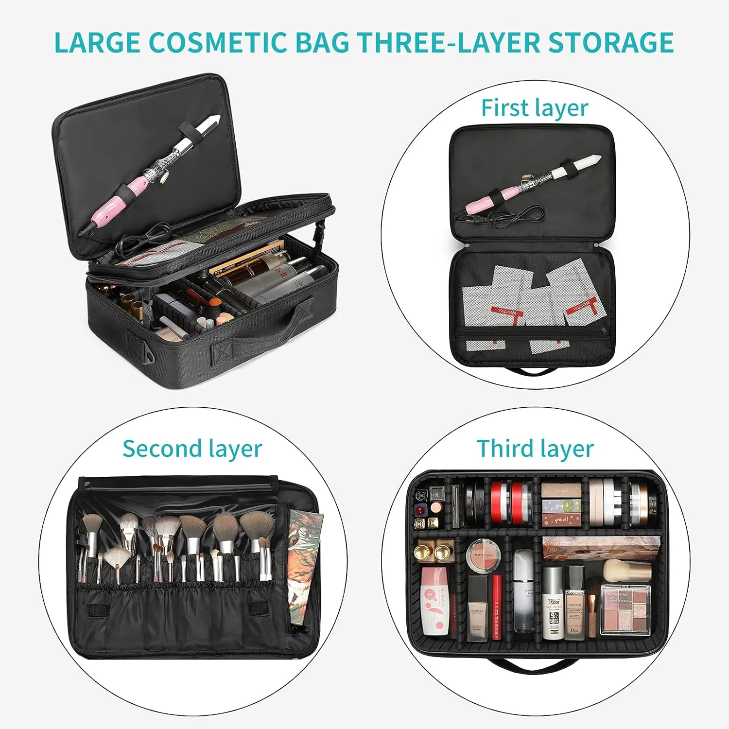 Vlando Large Make up Bag Case Organizer for Women Adjustable Dividers for Travel Makeup Cosmetics Make up Bags Brushes Lipstick Facial Mask Case Black