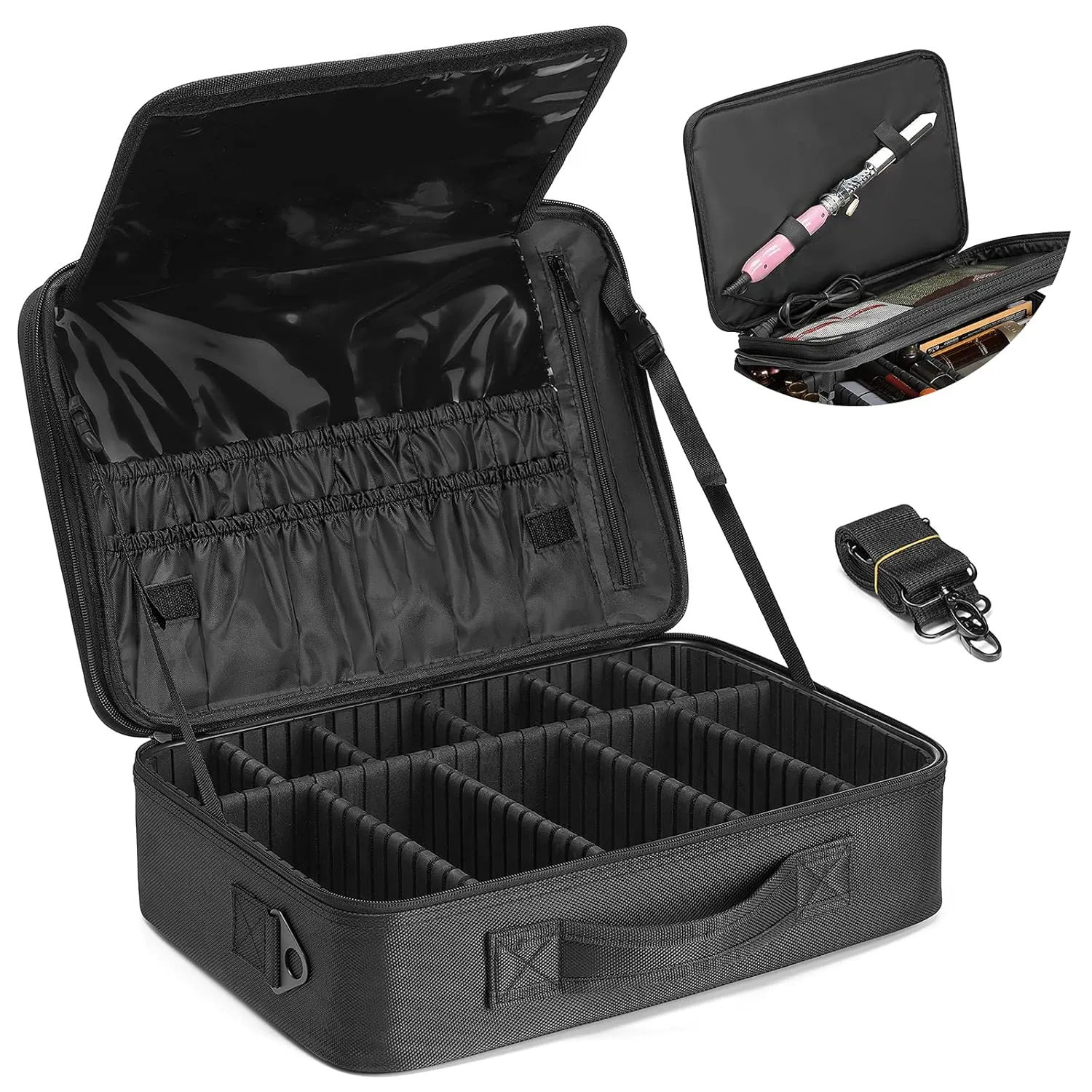 Vlando Large Make up Bag Case Organizer for Women Adjustable Dividers for Travel Makeup Cosmetics Make up Bags Brushes Lipstick Facial Mask Case Black