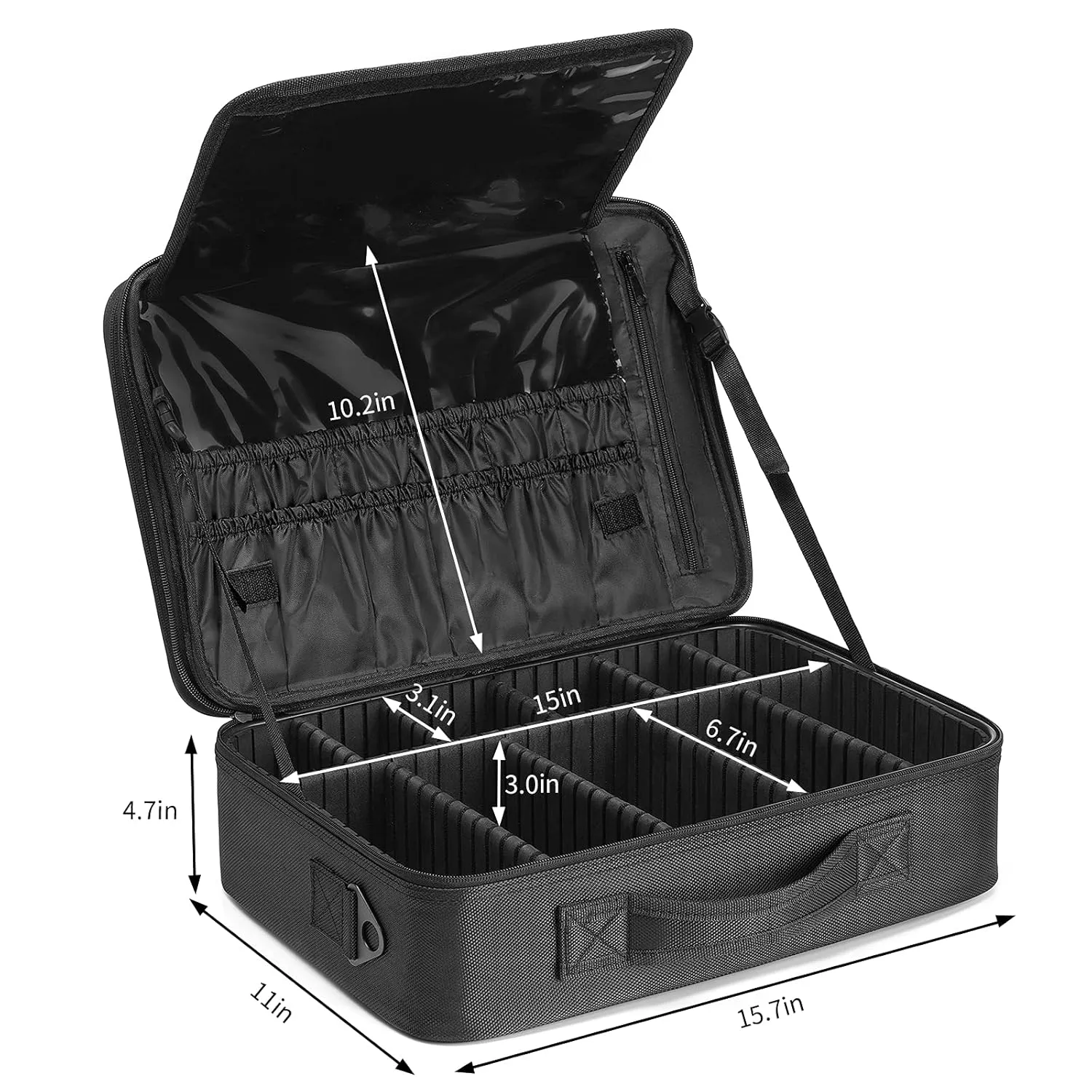 Vlando Large Make up Bag Case Organizer for Women Adjustable Dividers for Travel Makeup Cosmetics Make up Bags Brushes Lipstick Facial Mask Case Black