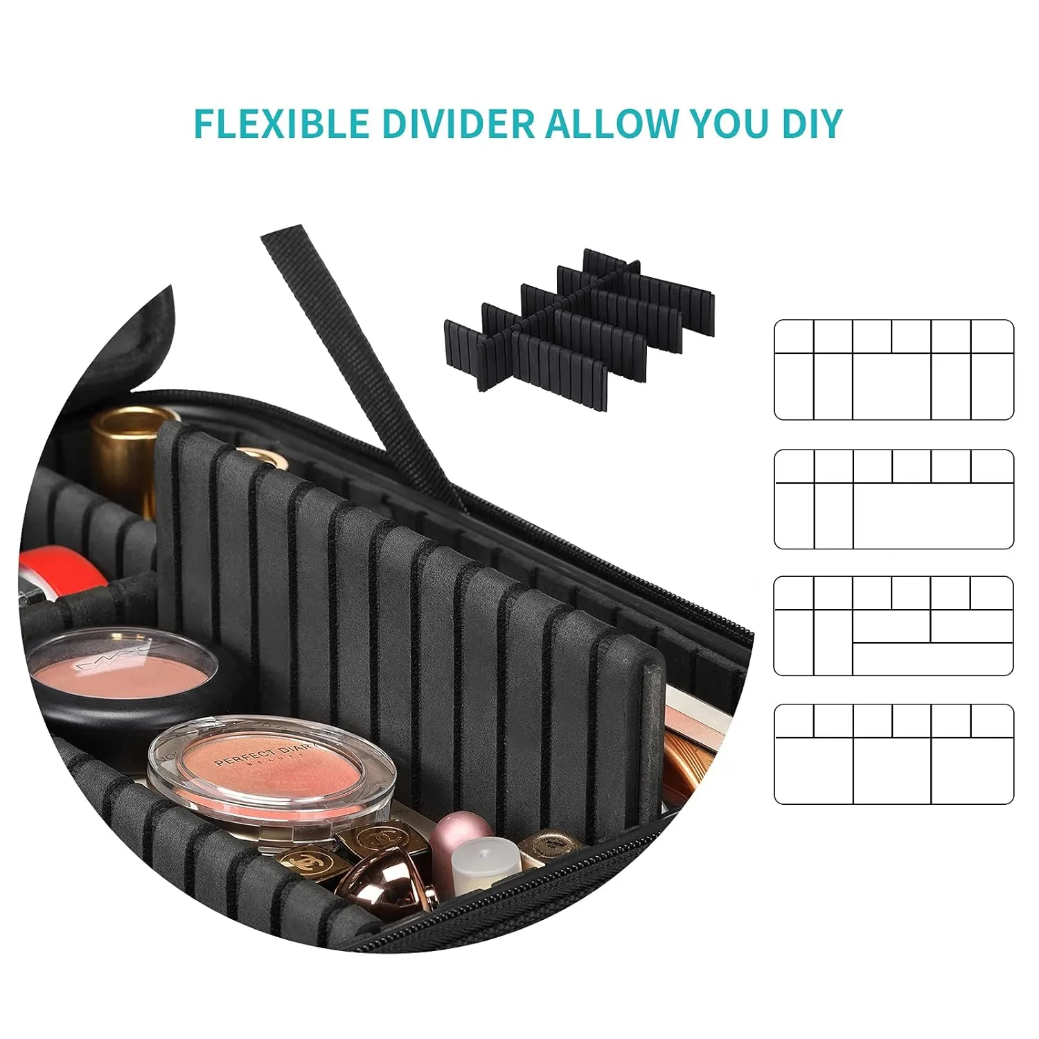 Vlando Large Make up Bag Case Organizer for Women Adjustable Dividers for Travel Makeup Cosmetics Make up Bags Brushes Lipstick Facial Mask Case Black
