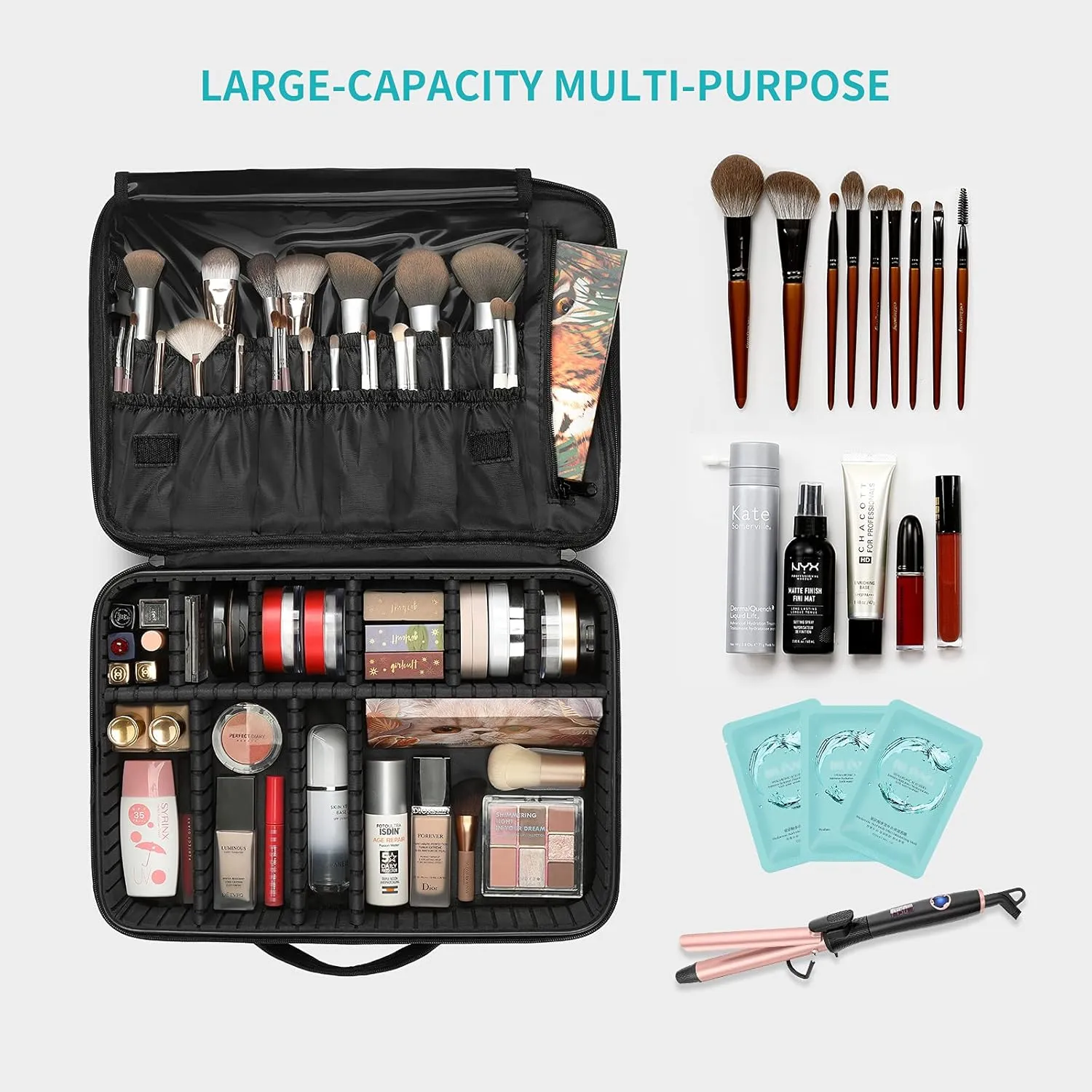 Vlando Large Make up Bag Case Organizer for Women Adjustable Dividers for Travel Makeup Cosmetics Make up Bags Brushes Lipstick Facial Mask Case Black