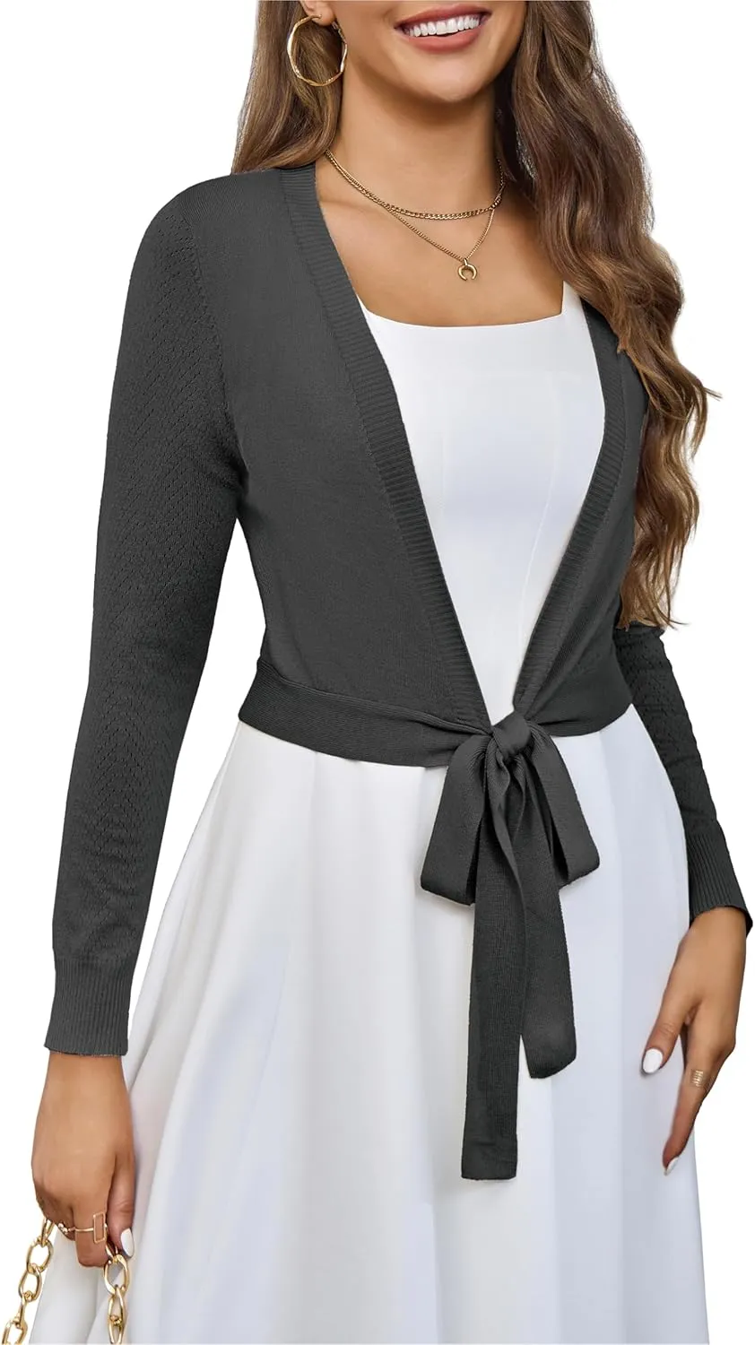 VOIANLIMO Women's Cardigan Knit Sweaters Long Sleeve Cropped Tie Front Bolero Shrug for Dresses S-XL