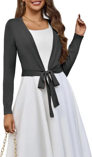 VOIANLIMO Women's Cardigan Knit Sweaters Long Sleeve Cropped Tie Front Bolero Shrug for Dresses S-XL