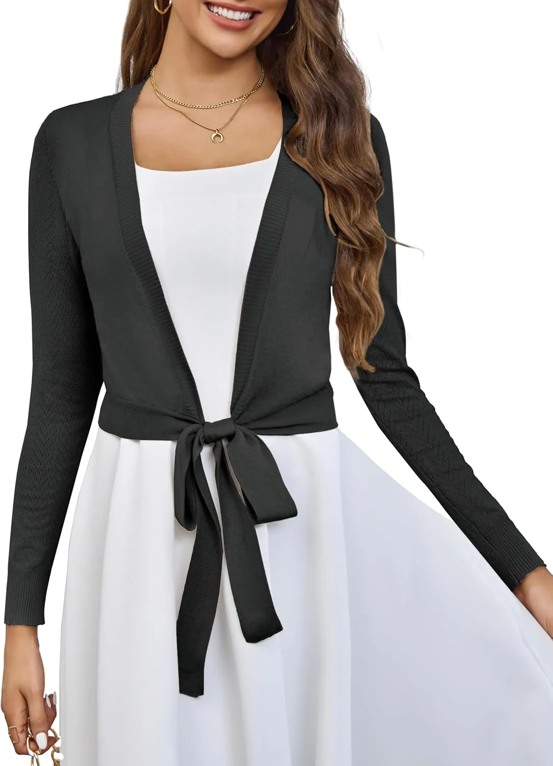VOIANLIMO Women's Cardigan Knit Sweaters Long Sleeve Cropped Tie Front Bolero Shrug for Dresses S-XL