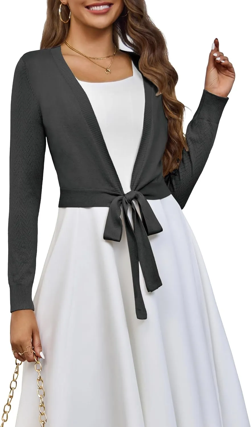 VOIANLIMO Women's Cardigan Knit Sweaters Long Sleeve Cropped Tie Front Bolero Shrug for Dresses S-XL