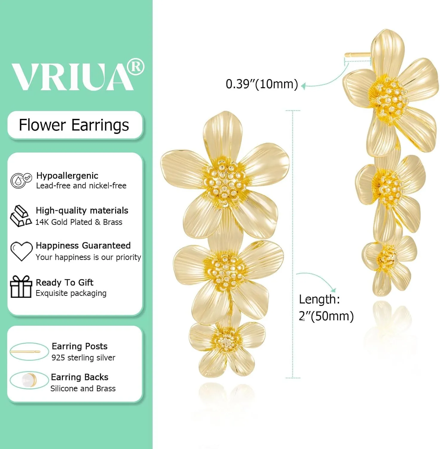 VRIUA Dangle Earrings for Women - 14K Gold Plated Statement Drop Earrings Dainty CZ Wedding Dangling Earrings Trendy Jewelry