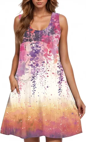 Wedding Guest Dresses for Women Summer Sleevless Floral Loose Dress Ruffle Hem V Neck Dress Business Casual Outfits