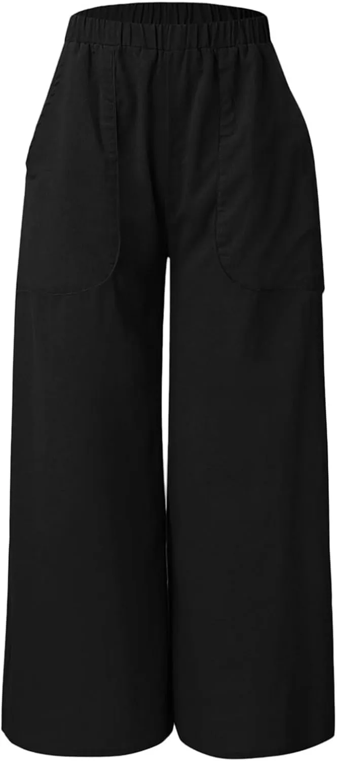 Wide Leg Linen Pants for Women Elasticated Waist Straight Leg Palazzo Pants Plus Size Solid Casual Summer Cotton Trousers