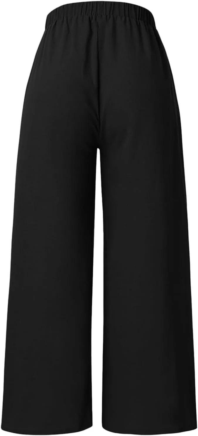 Wide Leg Linen Pants for Women Elasticated Waist Straight Leg Palazzo Pants Plus Size Solid Casual Summer Cotton Trousers