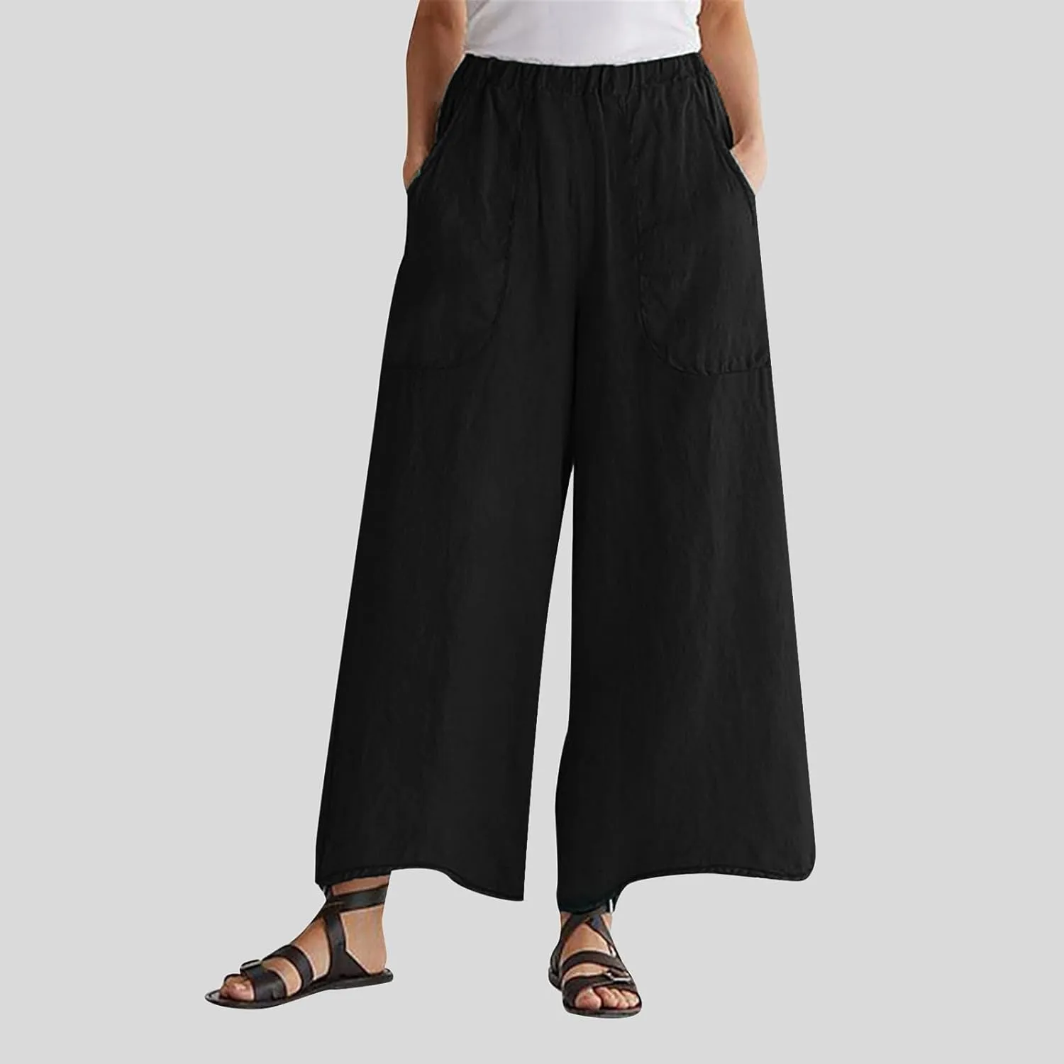 Wide Leg Linen Pants for Women Elasticated Waist Straight Leg Palazzo Pants Plus Size Solid Casual Summer Cotton Trousers