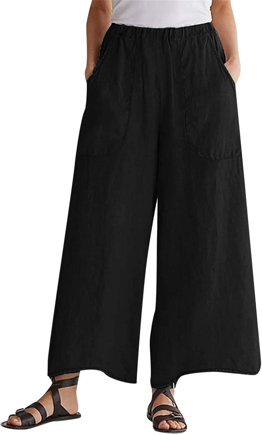 Wide Leg Linen Pants for Women Elasticated Waist Straight Leg Palazzo Pants Plus Size Solid Casual Summer Cotton Trousers