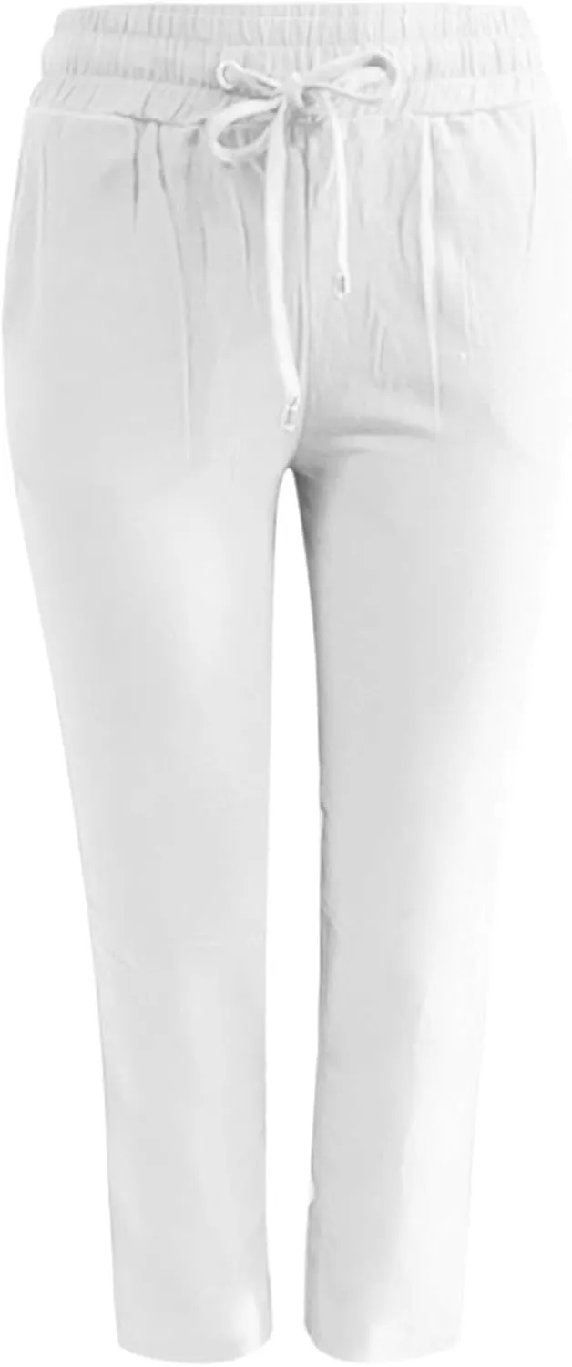 Wide Leg Linen Pants for Women Plus Size High Elastic Waist Baggy Cotton Pants with Pockets Stretch Casual Summer Trousers