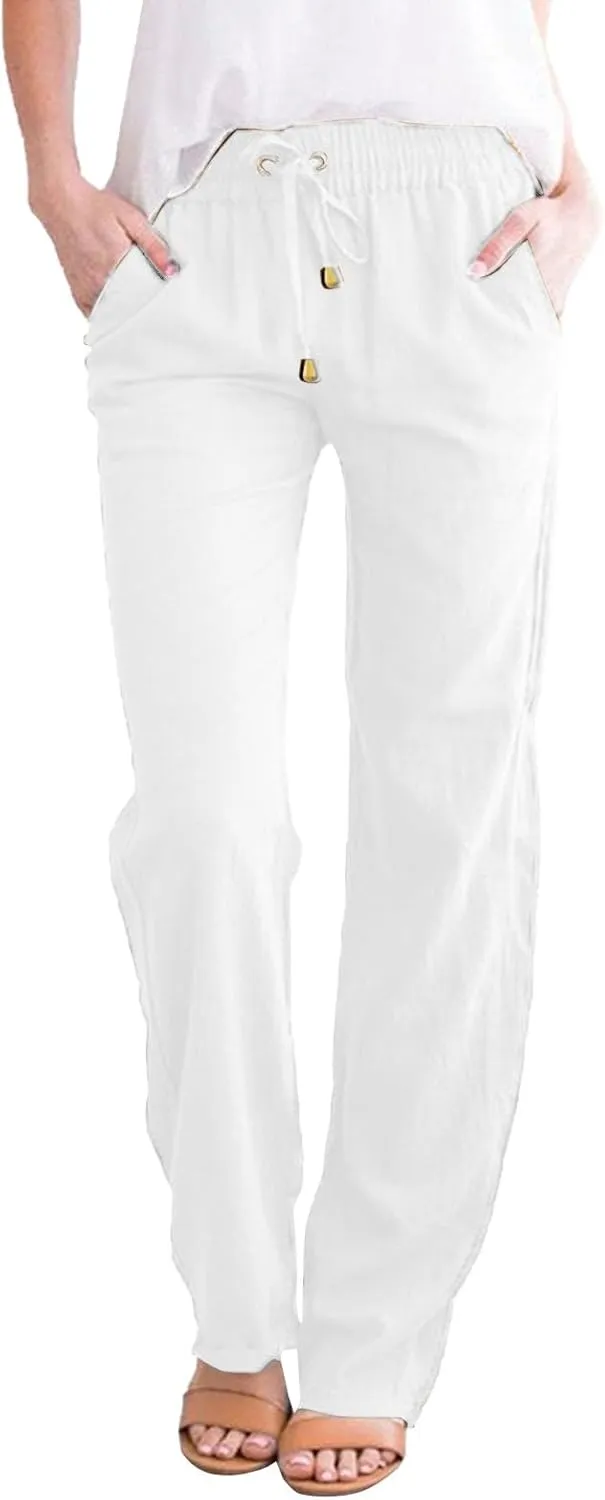 Wide Leg Linen Pants for Women Plus Size High Elastic Waist Baggy Cotton Pants with Pockets Stretch Casual Summer Trousers