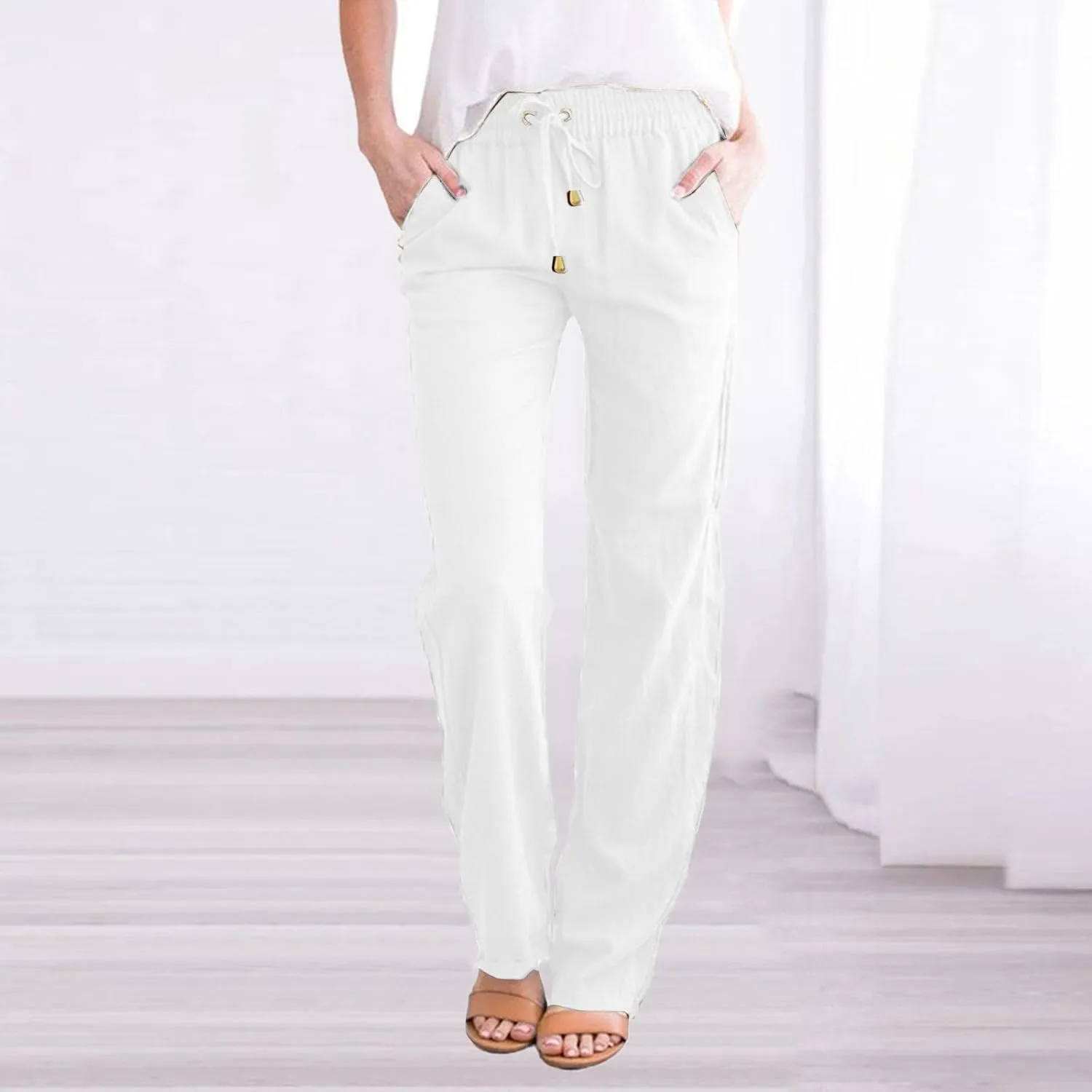 Wide Leg Linen Pants for Women Plus Size High Elastic Waist Baggy Cotton Pants with Pockets Stretch Casual Summer Trousers