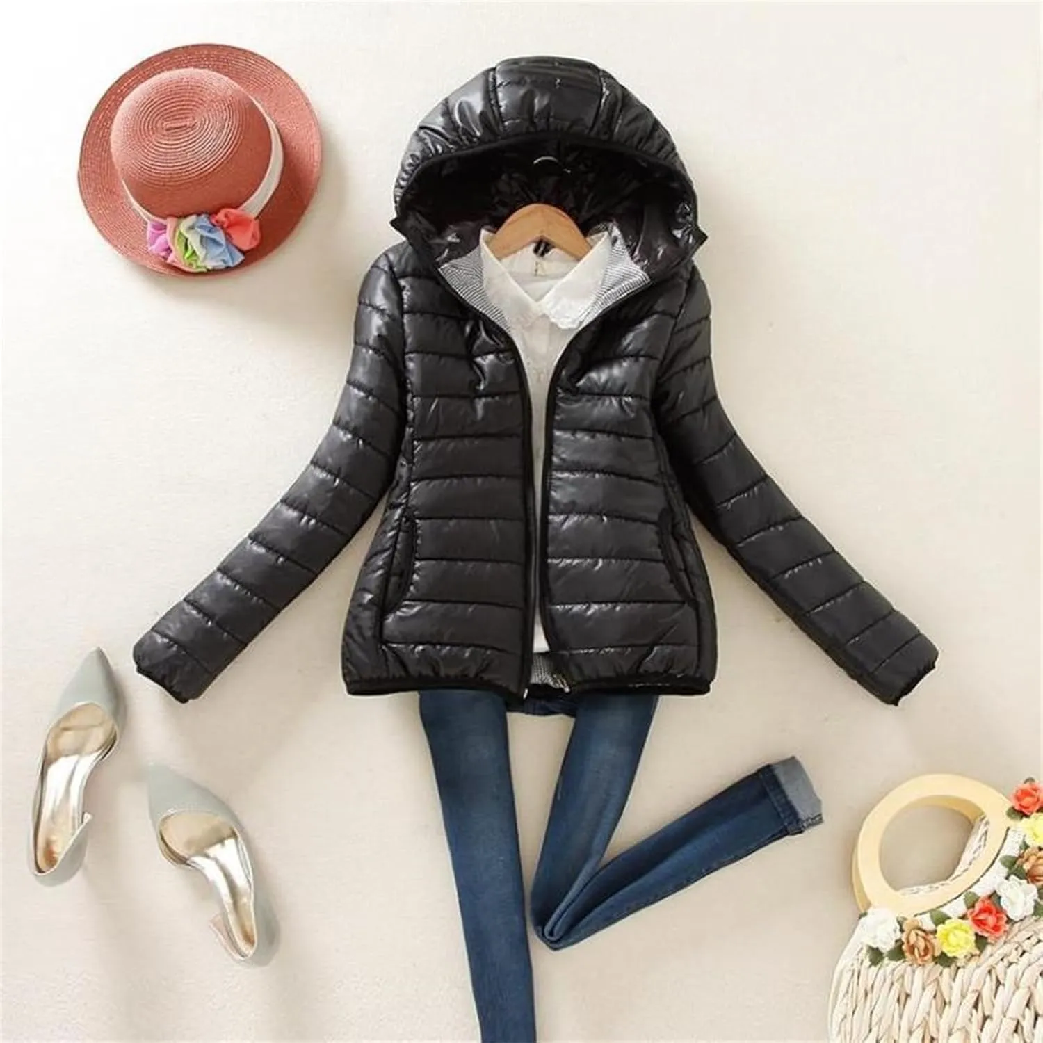 Winter Jackets for Women Trendy Warm Lightweight Puffer Coats Solid Quilted Full Zip Down Outerwear with Hood