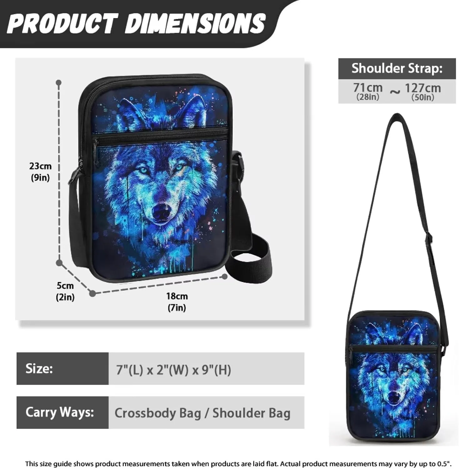 Wolf Pattern Small Crossbody Bags with Zipper, Fashion Messenger Bags Shoulder Bag for Men