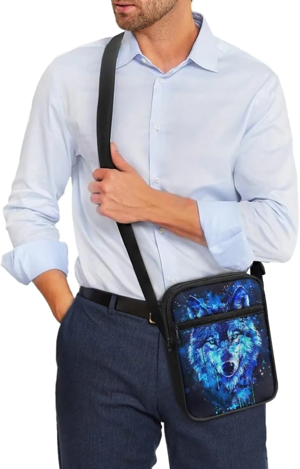 Wolf Pattern Small Crossbody Bags with Zipper, Fashion Messenger Bags Shoulder Bag for Men