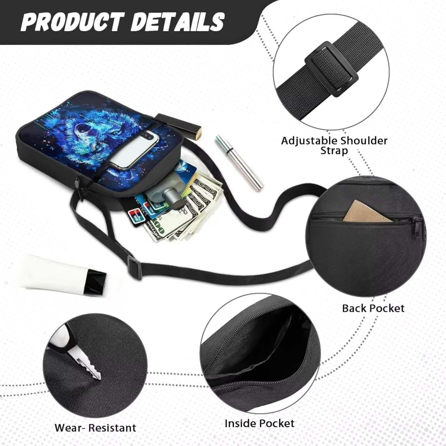 Wolf Pattern Small Crossbody Bags with Zipper, Fashion Messenger Bags Shoulder Bag for Men