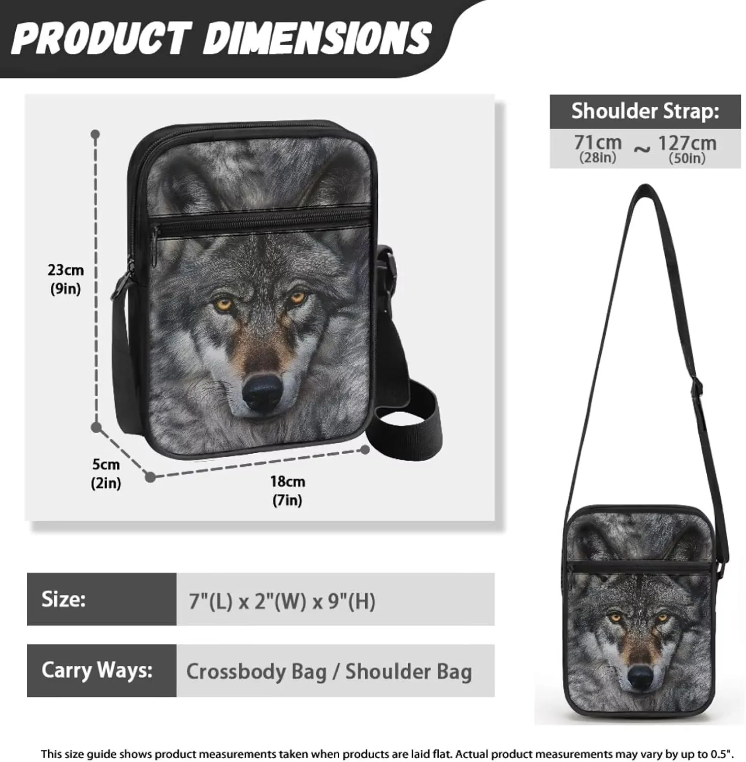 Wolf Pattern Small Crossbody Bags with Zipper, Fashion Messenger Bags Shoulder Bag for Men