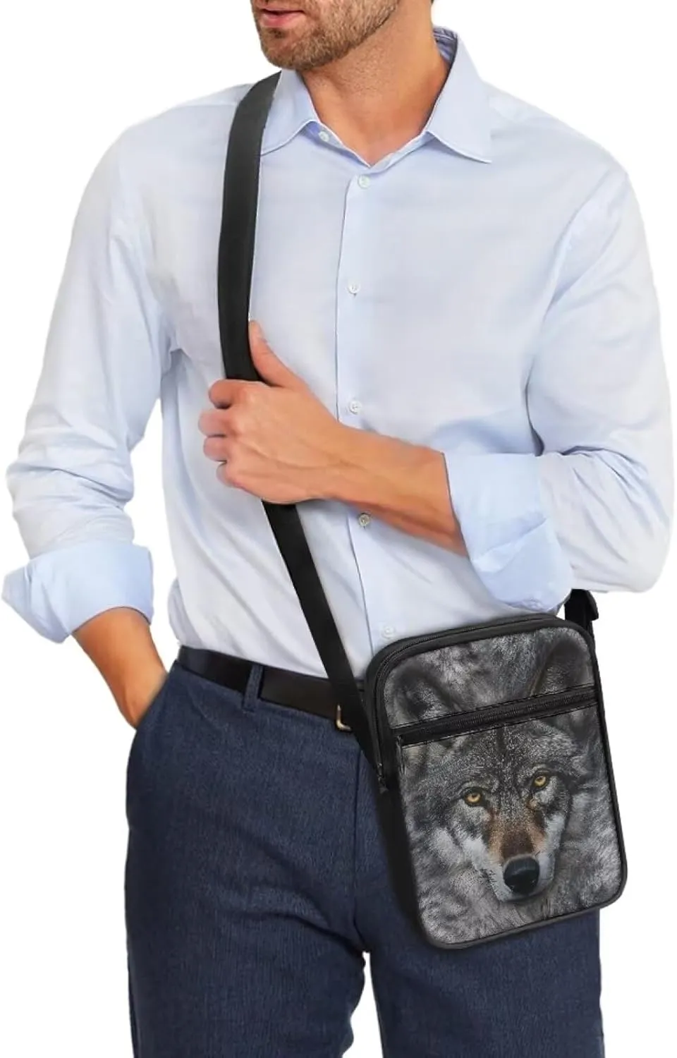 Wolf Pattern Small Crossbody Bags with Zipper, Fashion Messenger Bags Shoulder Bag for Men