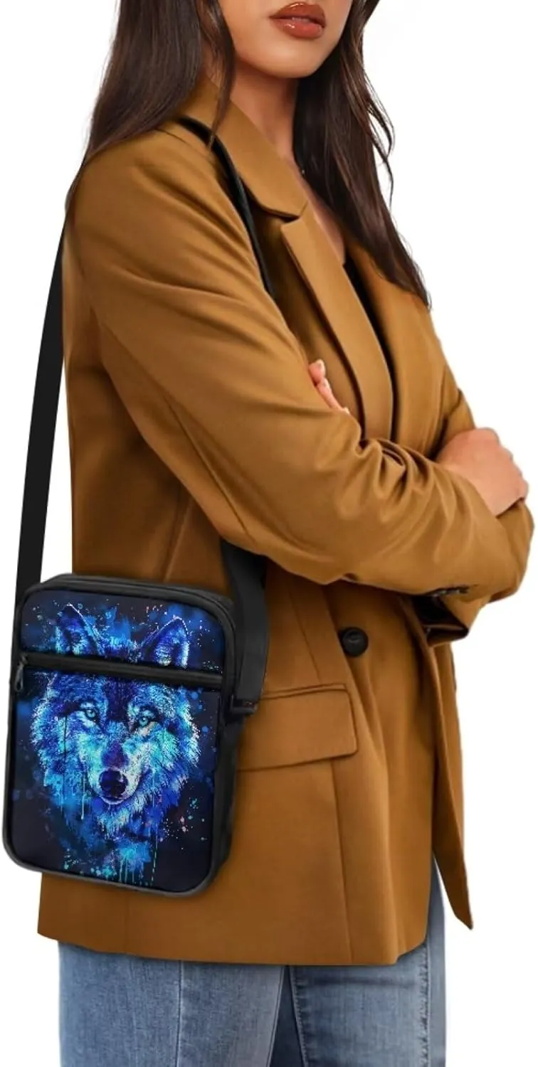 Wolf Pattern Small Crossbody Bags with Zipper, Fashion Messenger Bags Shoulder Bag for Men