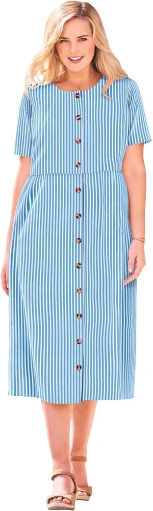 Woman Within Women's Plus Size Short-Sleeve Seersucker Dress