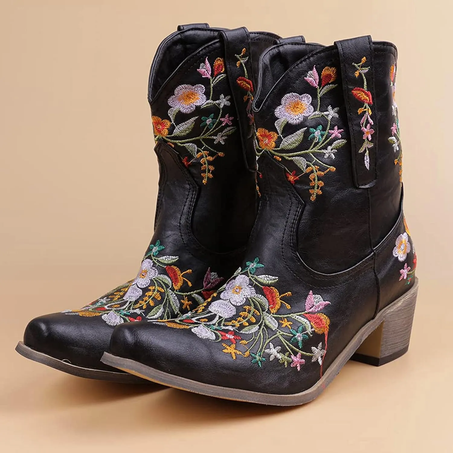 Women Ankle Cowgirl Boots Western Short Boots Women Flower Embroidered Ankle Cowgirl Chunky Heel Pull On Short Boots