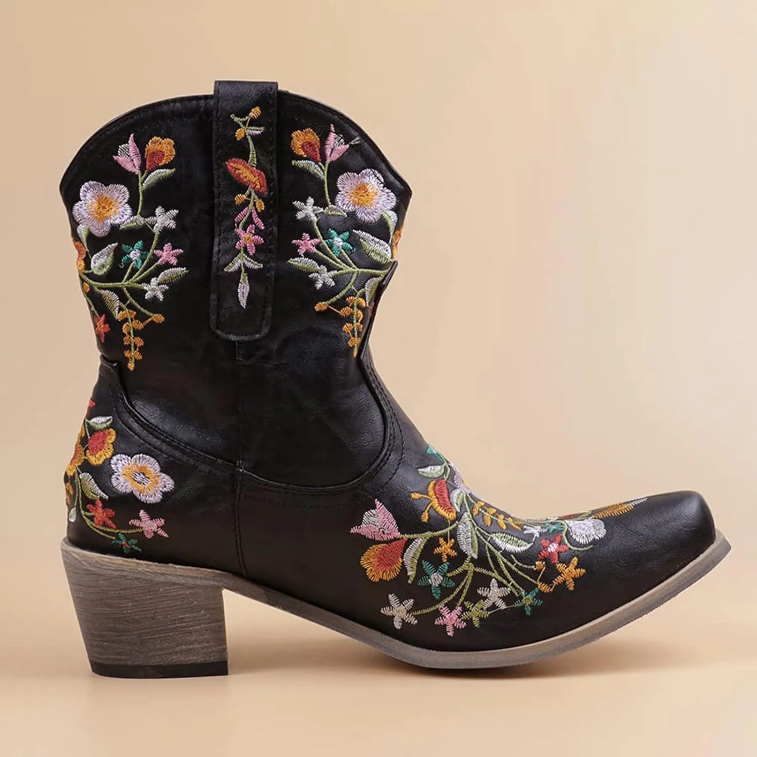 Women Ankle Cowgirl Boots Western Short Boots Women Flower Embroidered Ankle Cowgirl Chunky Heel Pull On Short Boots