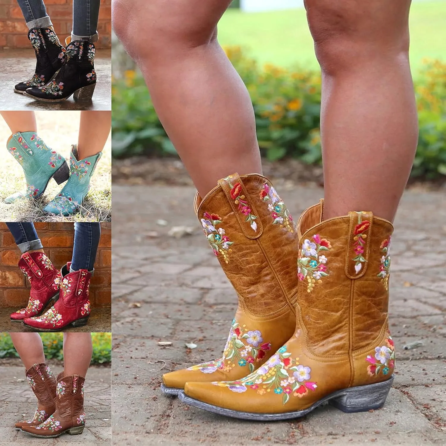 Women Ankle Cowgirl Boots Western Short Boots Women Flower Embroidered Ankle Cowgirl Chunky Heel Pull On Short Boots