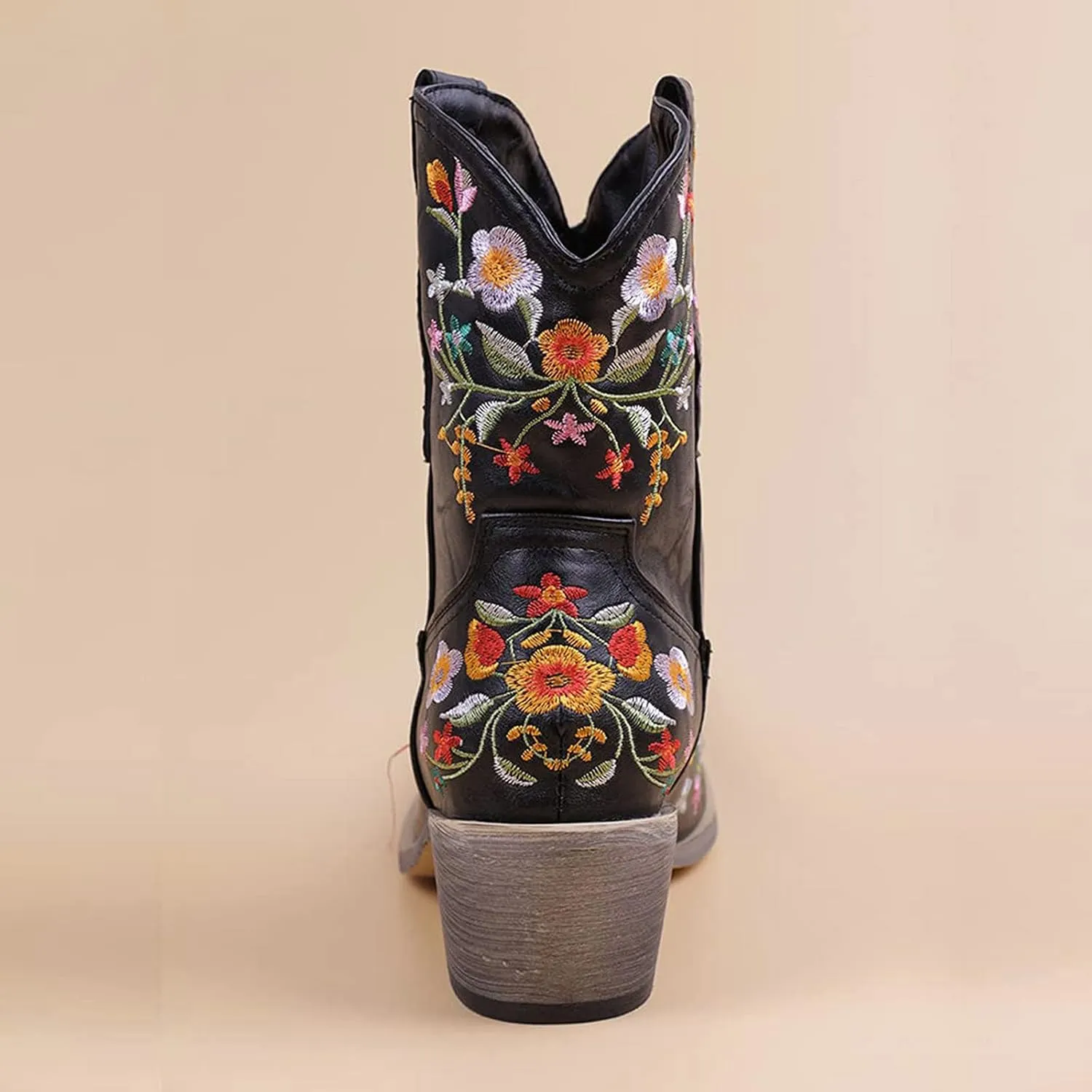 Women Ankle Cowgirl Boots Western Short Boots Women Flower Embroidered Ankle Cowgirl Chunky Heel Pull On Short Boots