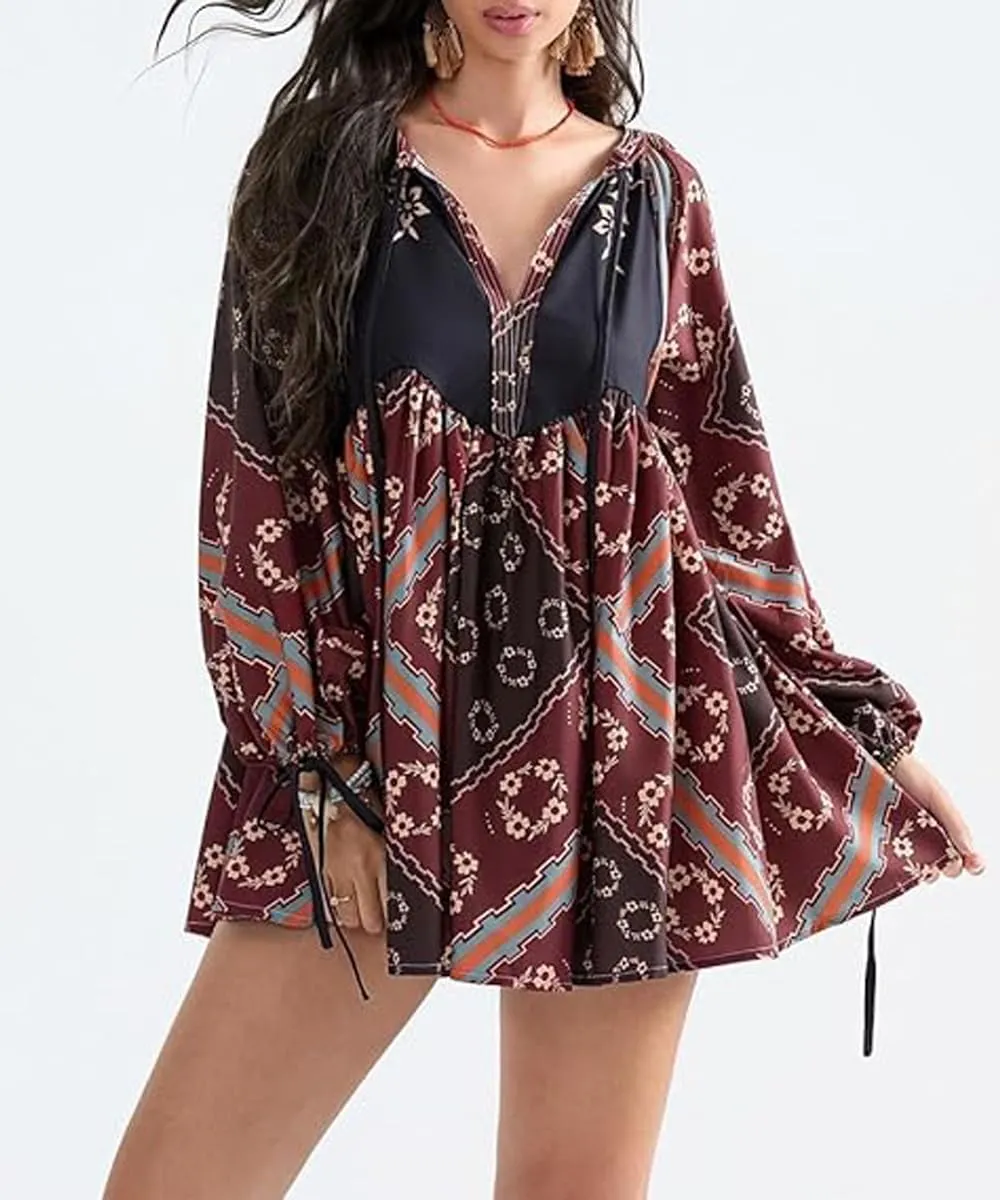 Women Boho Puff Sleeve Short Dress Floral V Neck Babydoll Dresses Shirt Dress Casual Mini Beach Sundress