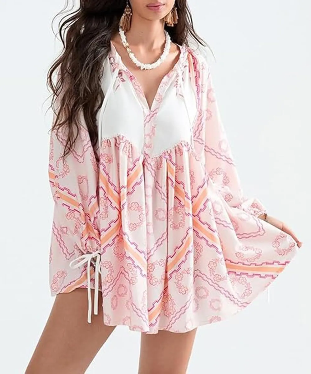 Women Boho Puff Sleeve Short Dress Floral V Neck Babydoll Dresses Shirt Dress Casual Mini Beach Sundress