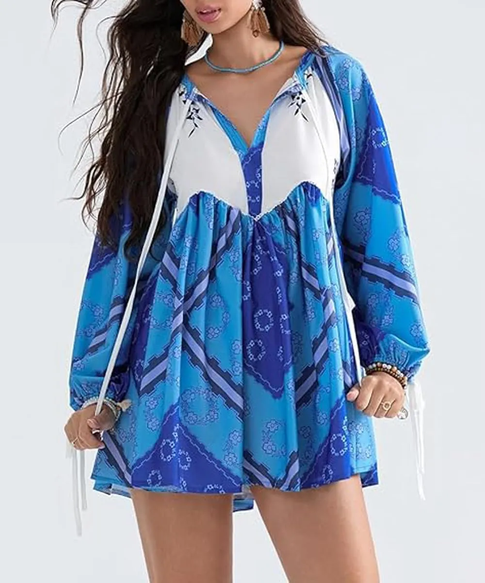 Women Boho Puff Sleeve Short Dress Floral V Neck Babydoll Dresses Shirt Dress Casual Mini Beach Sundress