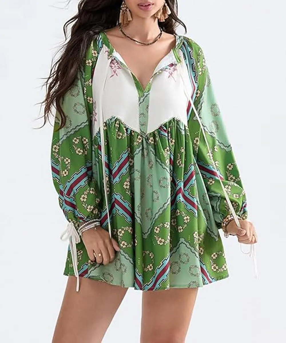 Women Boho Puff Sleeve Short Dress Floral V Neck Babydoll Dresses Shirt Dress Casual Mini Beach Sundress