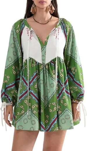 Women Boho Puff Sleeve Short Dress Floral V Neck Babydoll Dresses Shirt Dress Casual Mini Beach Sundress