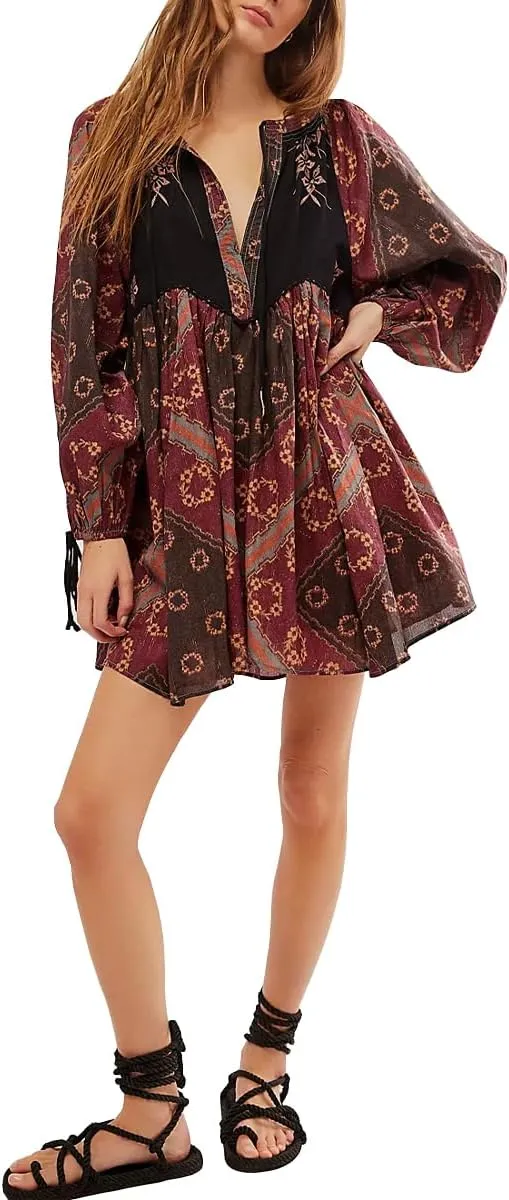 Women Boho Puff Sleeve Short Dress Floral V Neck Babydoll Dresses Shirt Dress Casual Mini Beach Sundress