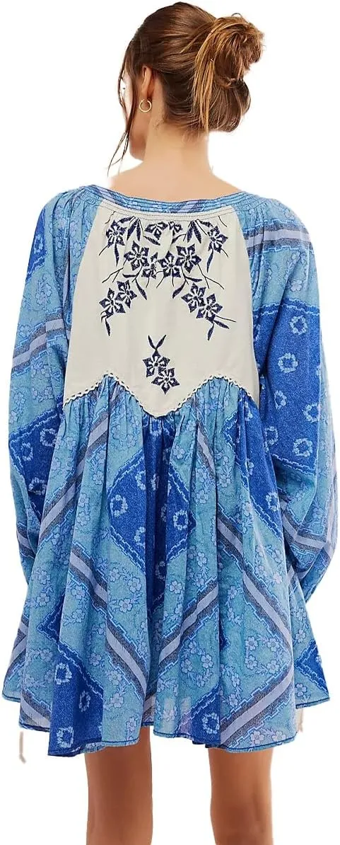 Women Boho Puff Sleeve Short Dress Floral V Neck Babydoll Dresses Shirt Dress Casual Mini Beach Sundress