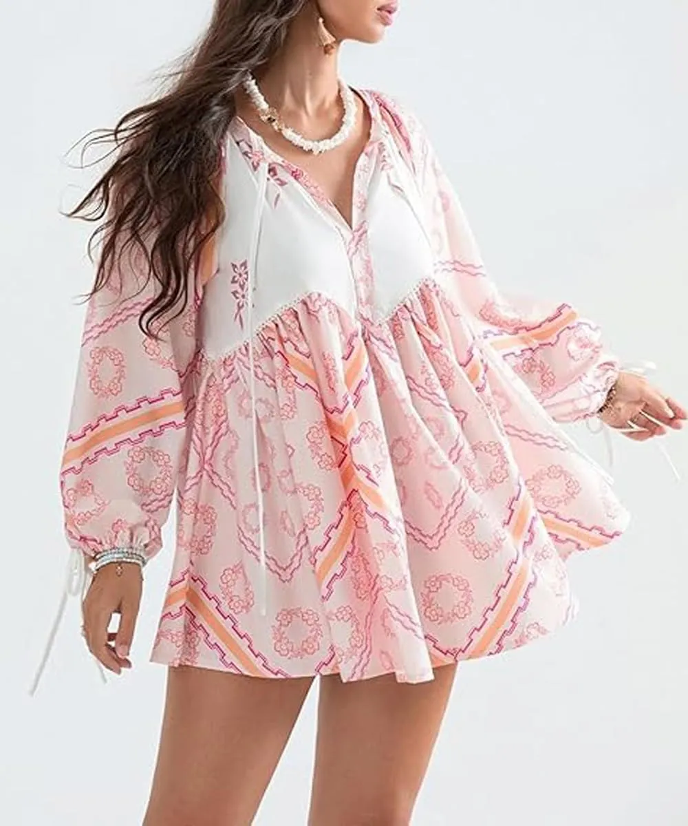 Women Boho Puff Sleeve Short Dress Floral V Neck Babydoll Dresses Shirt Dress Casual Mini Beach Sundress