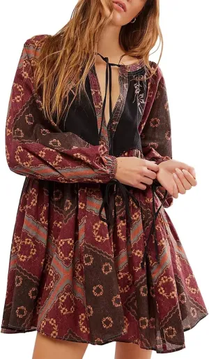 Women Boho Puff Sleeve Short Dress Floral V Neck Babydoll Dresses Shirt Dress Casual Mini Beach Sundress