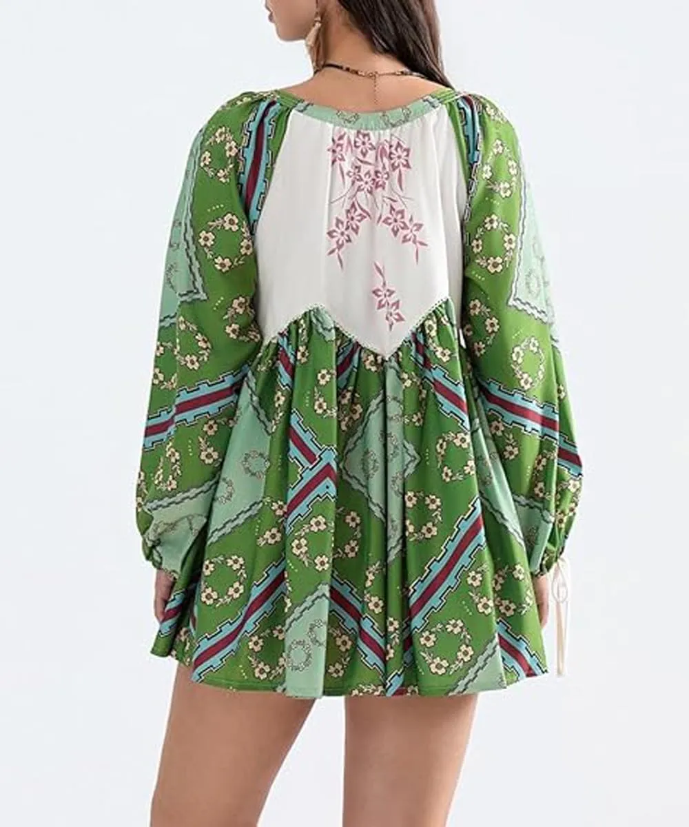 Women Boho Puff Sleeve Short Dress Floral V Neck Babydoll Dresses Shirt Dress Casual Mini Beach Sundress