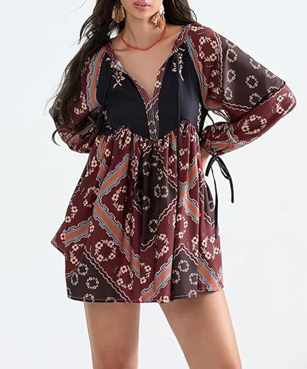 Women Boho Puff Sleeve Short Dress Floral V Neck Babydoll Dresses Shirt Dress Casual Mini Beach Sundress