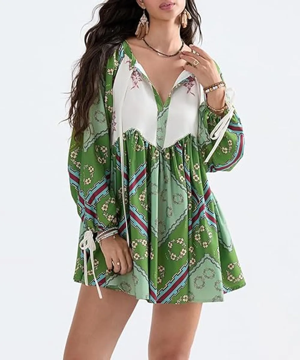 Women Boho Puff Sleeve Short Dress Floral V Neck Babydoll Dresses Shirt Dress Casual Mini Beach Sundress