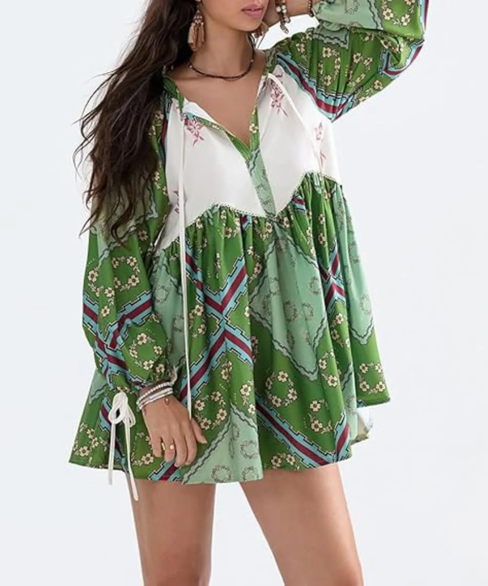 Women Boho Puff Sleeve Short Dress Floral V Neck Babydoll Dresses Shirt Dress Casual Mini Beach Sundress